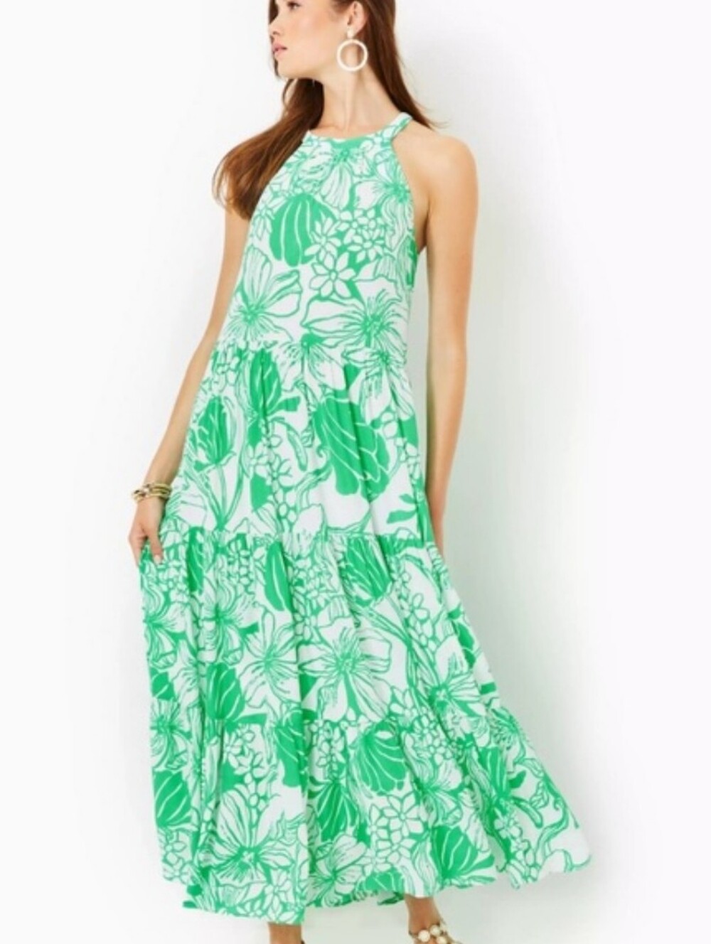 Lilly Pulitzer Green & White Floral Halter Maxi Dress Size S
